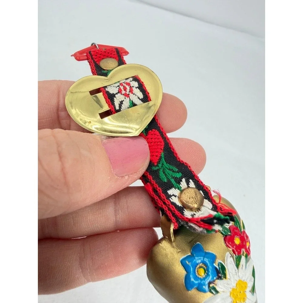 Switzerland Cow Bell w/ Decorated Strap Hand Painted Floral Edelweiss Swiss SM